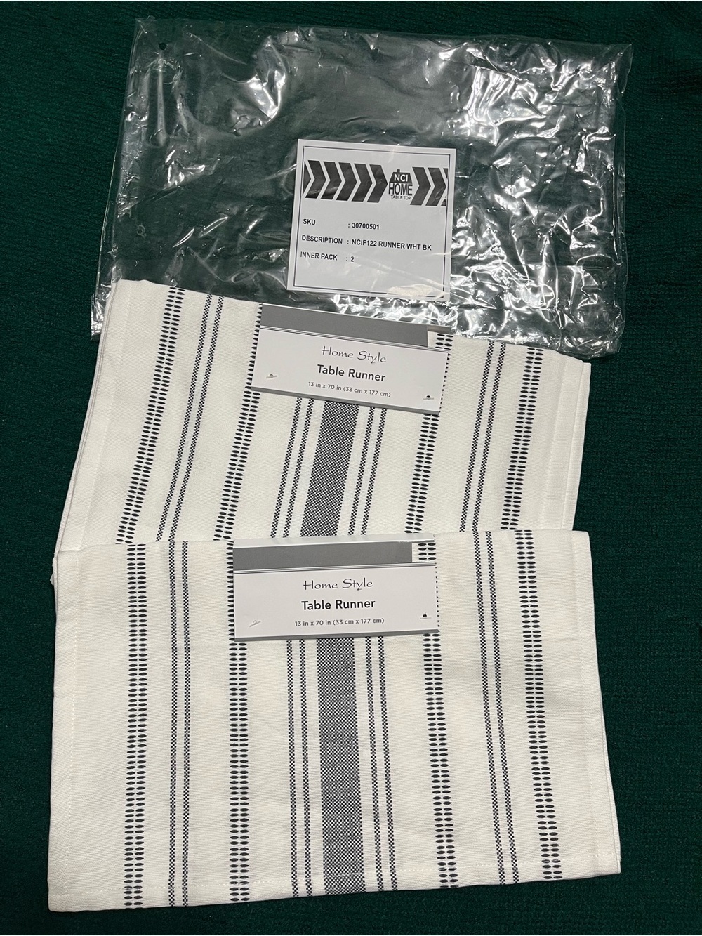 NWT White and Black Striped Table Runner - Set of 2. 13 x 70 in